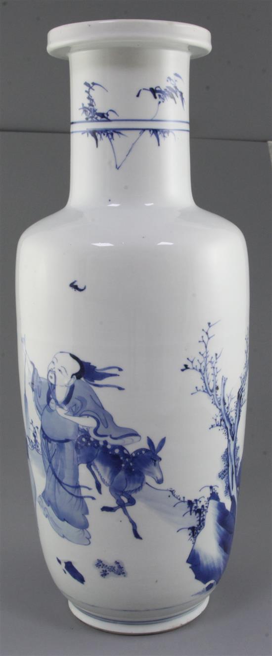 A large Chinese blue and white rouleau vase, Kangxi period (1662-1722), 46.5cm, hairline body cracks